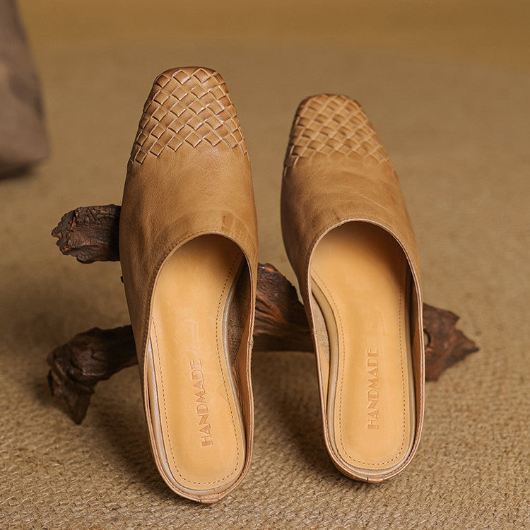 Women's Mule Shoes Square Toe Woven Detail Slip-On – Casual Boho