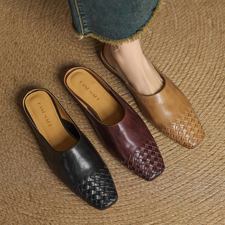 Women's Mule Shoes Square Toe Woven Detail Slip-On – Casual Boho