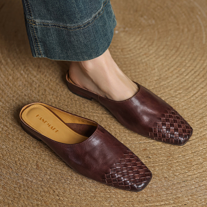 Women's Mule Shoes Square Toe Woven Detail Slip-On – Casual Boho