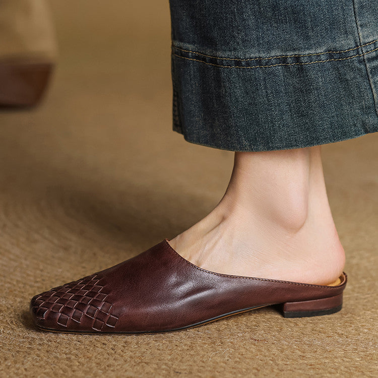 Women's Mule Shoes Square Toe Woven Detail Slip-On – Casual Boho
