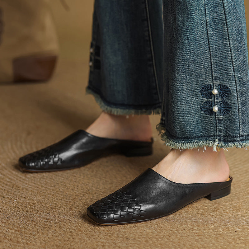 Women's Mule Shoes Square Toe Woven Detail Slip-On – Casual Boho