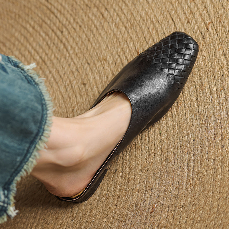 Women's Mule Shoes Square Toe Woven Detail Slip-On – Casual Boho