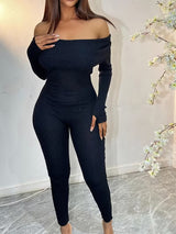 Women's Off Shoulder Jumpsuit Ribbed Long Sleeve Ankle Length – Going Out