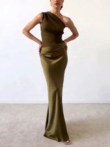 Women's One Shoulder Maxi Dress Draped Waist – Formal Evening