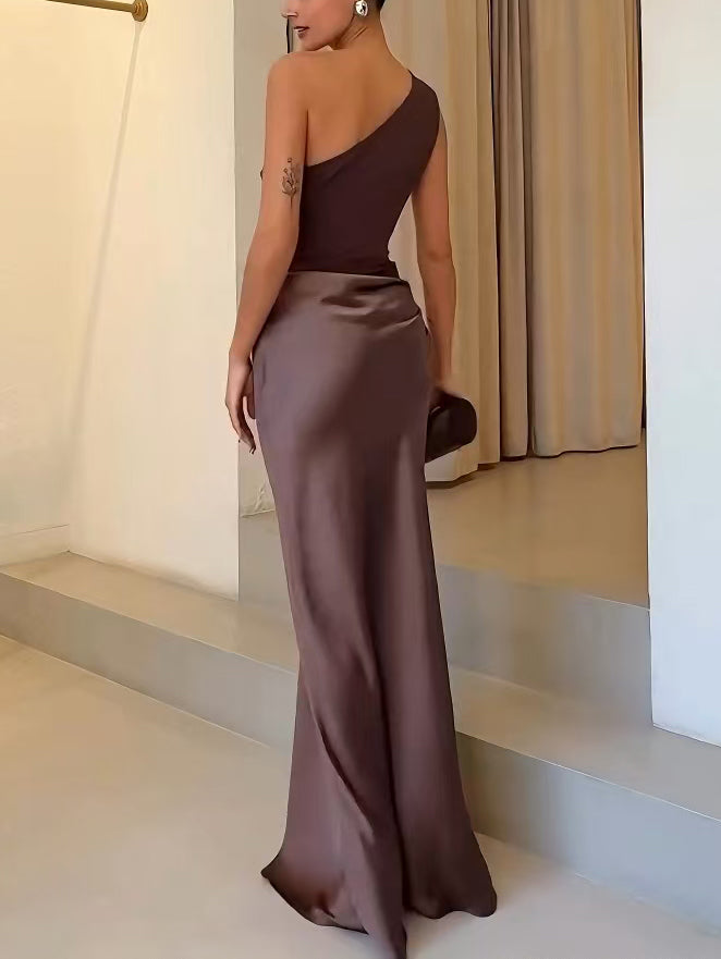 Women's One Shoulder Maxi Dress Draped Waist – Formal Evening