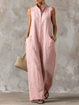 Women's Overall Wide Leg Stand Collar Sleeveless – Beach Vacation