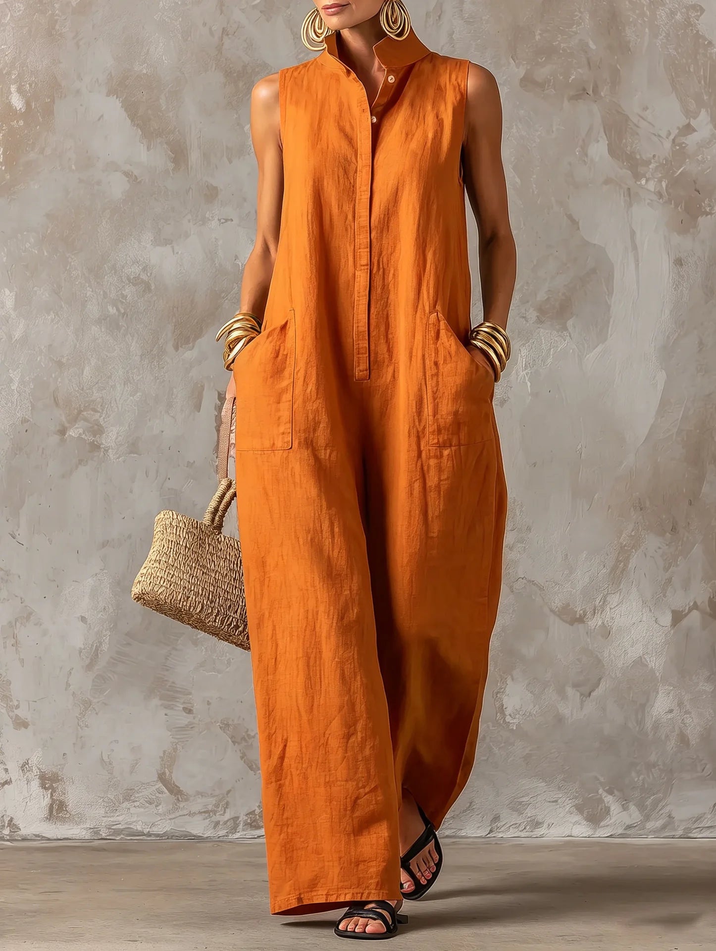 Women's Overall Wide Leg Stand Collar Sleeveless – Beach Vacation