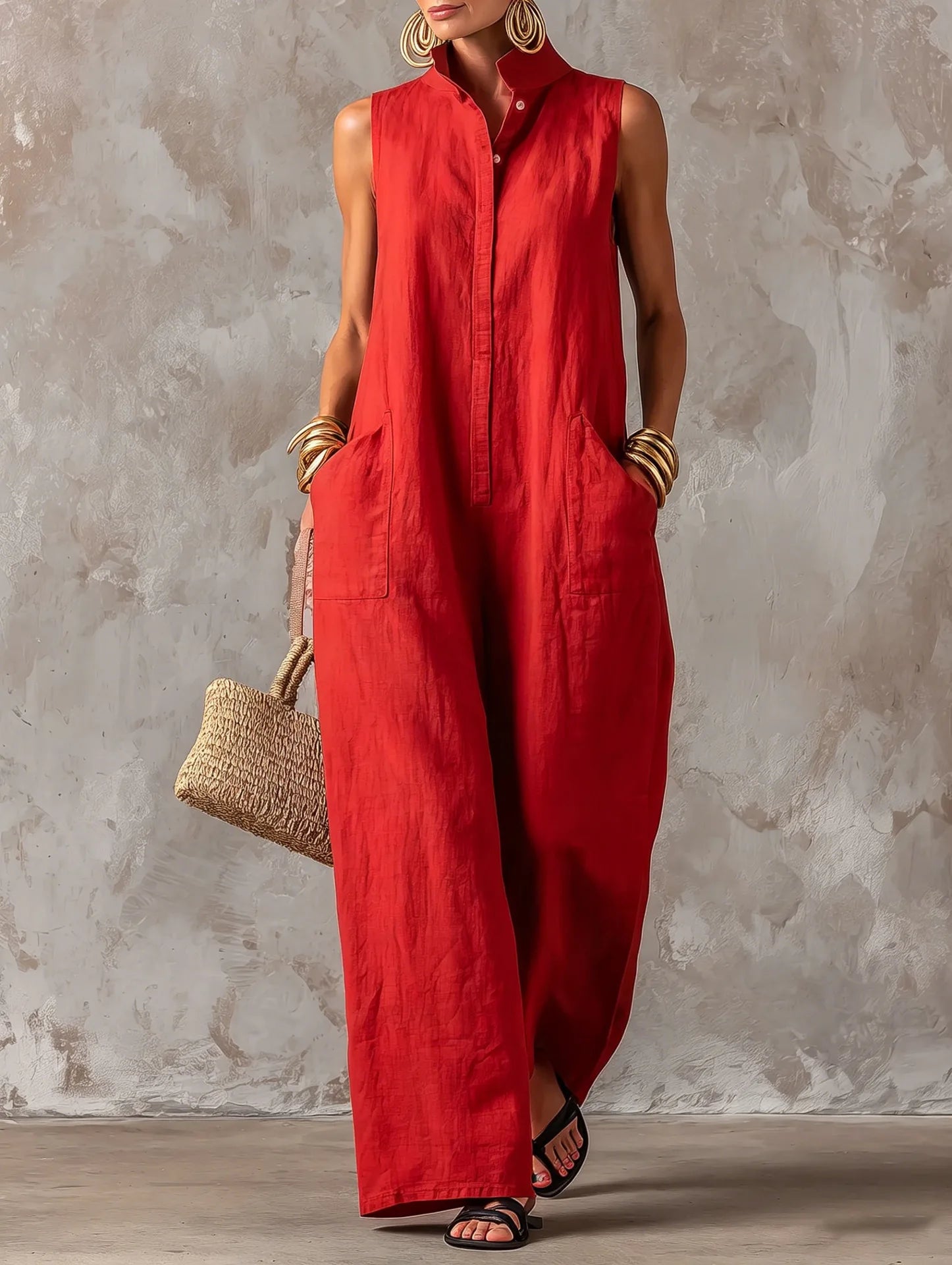 Women's Overall Wide Leg Stand Collar Sleeveless – Beach Vacation