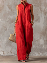 Women's Overall Wide Leg Stand Collar Sleeveless – Beach Vacation