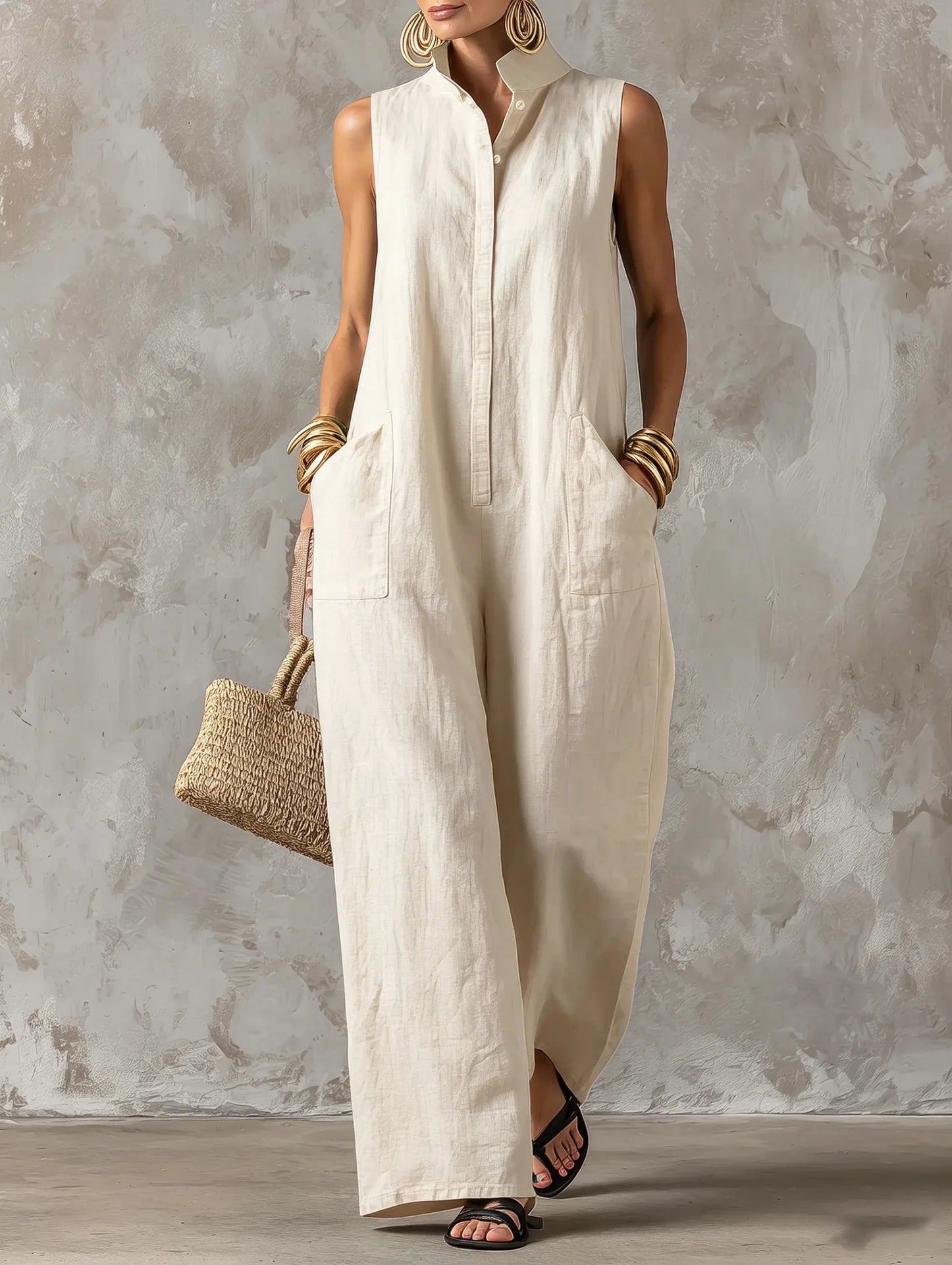Women's Overall Wide Leg Stand Collar Sleeveless – Beach Vacation