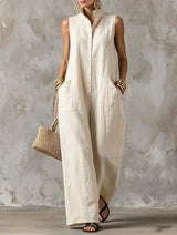 Women's Overall Wide Leg Stand Collar Sleeveless – Beach Vacation