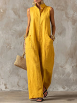 Women's Overall Wide Leg Stand Collar Sleeveless – Beach Vacation