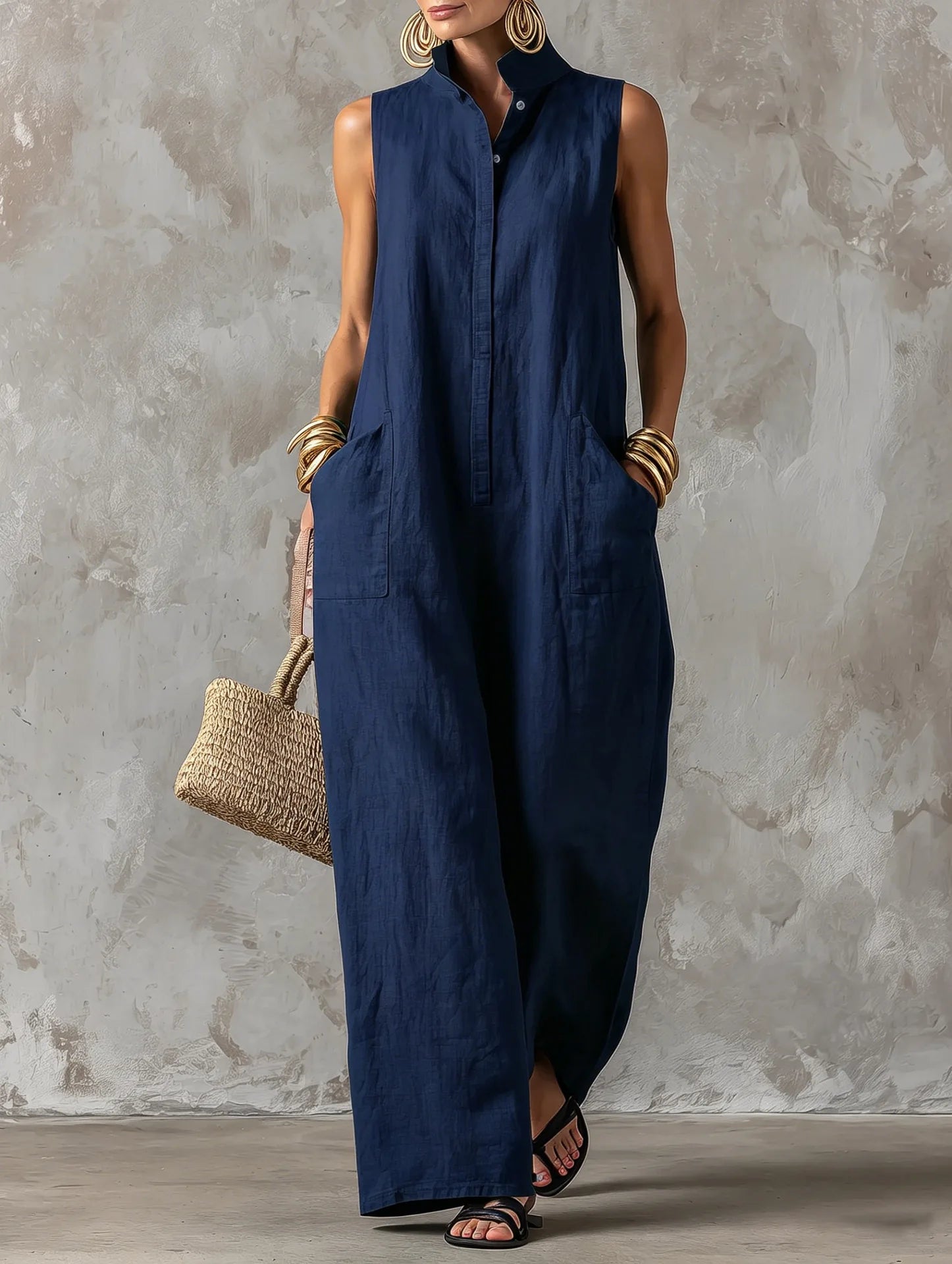 Women's Overall Wide Leg Stand Collar Sleeveless – Beach Vacation