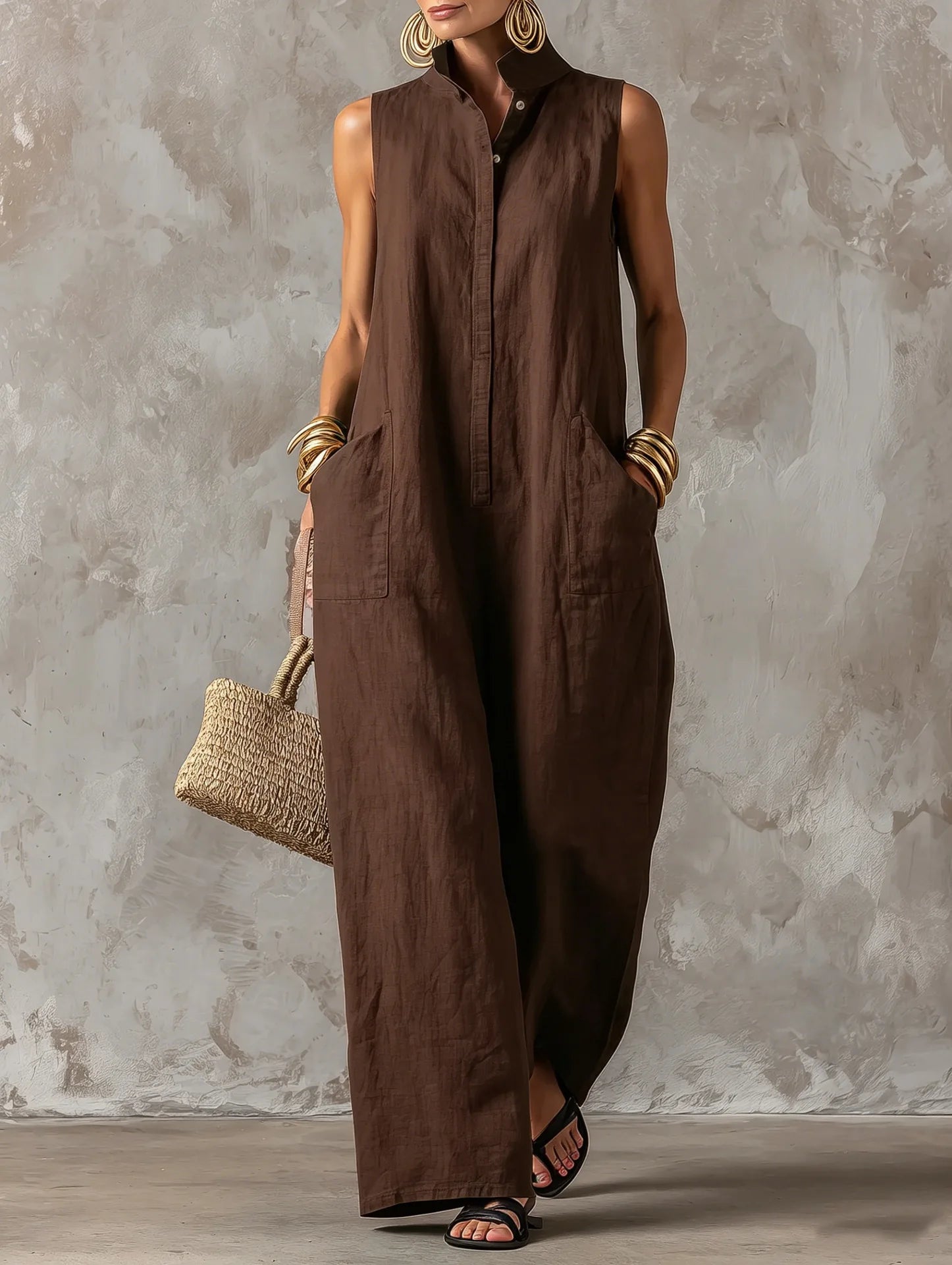 Women's Overall Wide Leg Stand Collar Sleeveless – Beach Vacation