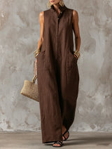Women's Overall Wide Leg Stand Collar Sleeveless – Beach Vacation