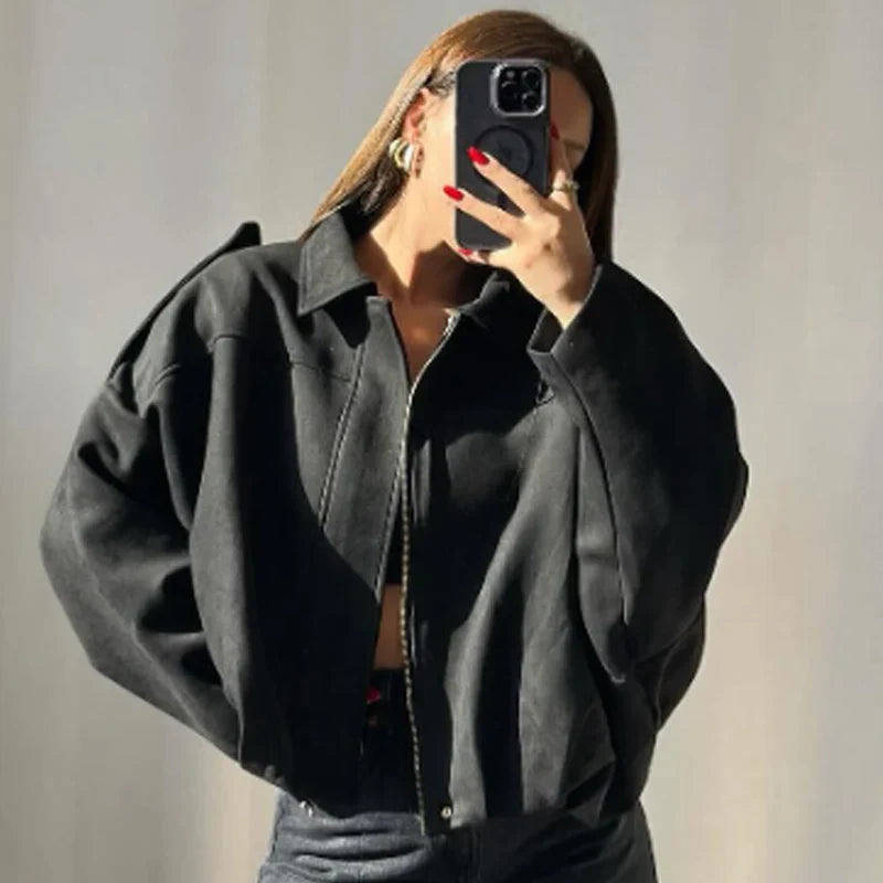 Women's Oversized Bomber Jacket Cropped Zip Front Drop Shoulder – Travel