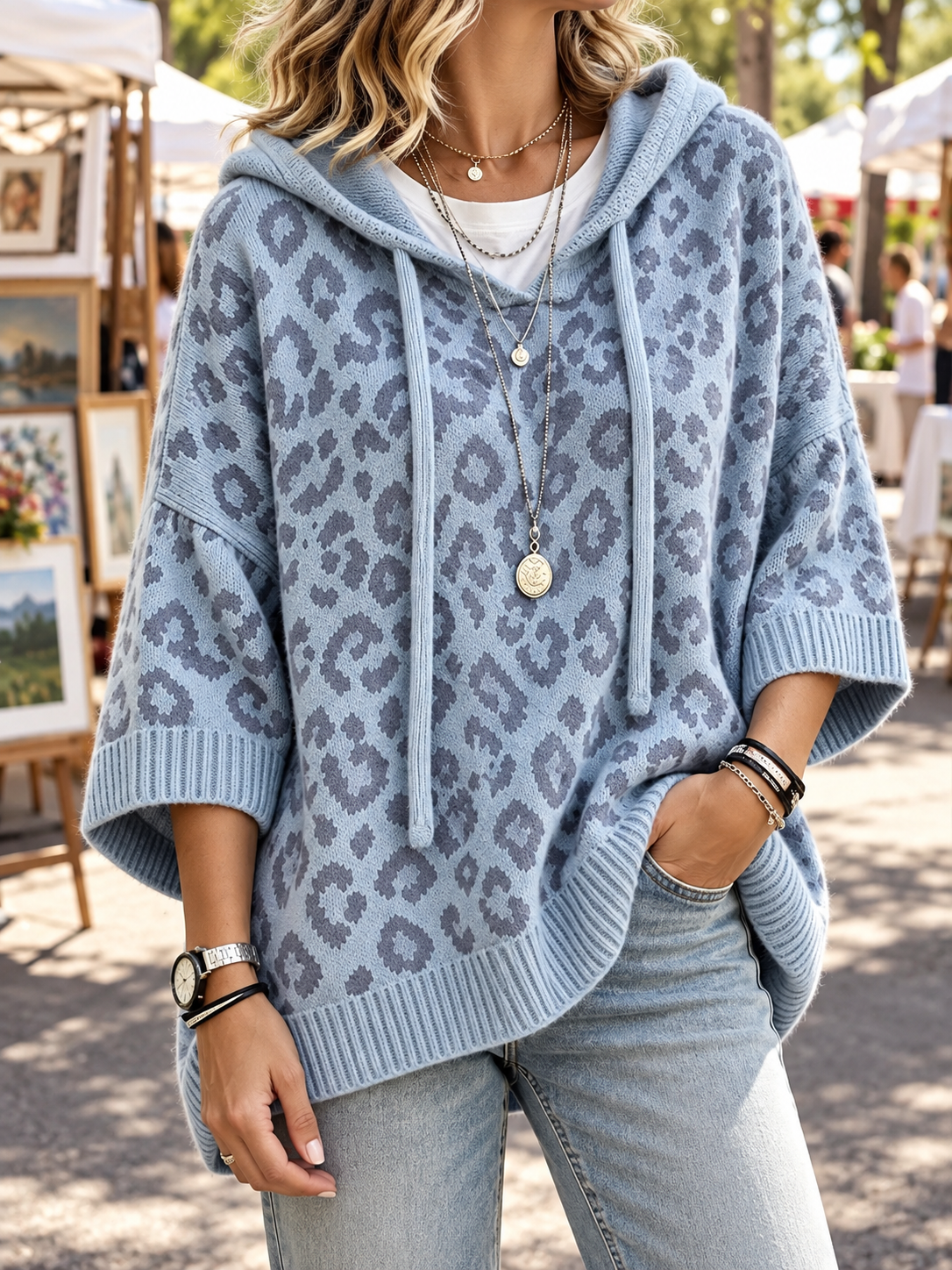 Women’s Oversized Hoodie Animal Print Drawstrings Wide Sleeves Ribbed Trim – Outdoor Art Fairs