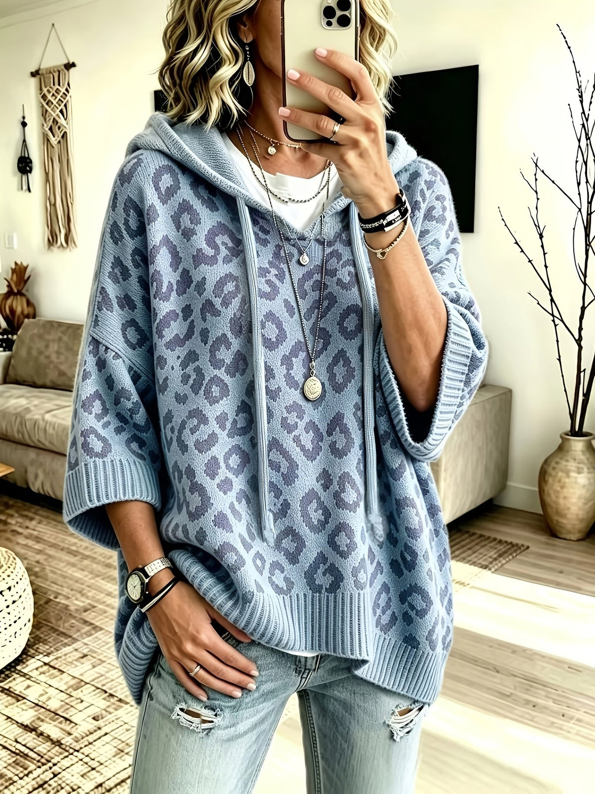 Women’s Oversized Hoodie Animal Print Drawstrings Wide Sleeves Ribbed Trim – Outdoor Art Fairs