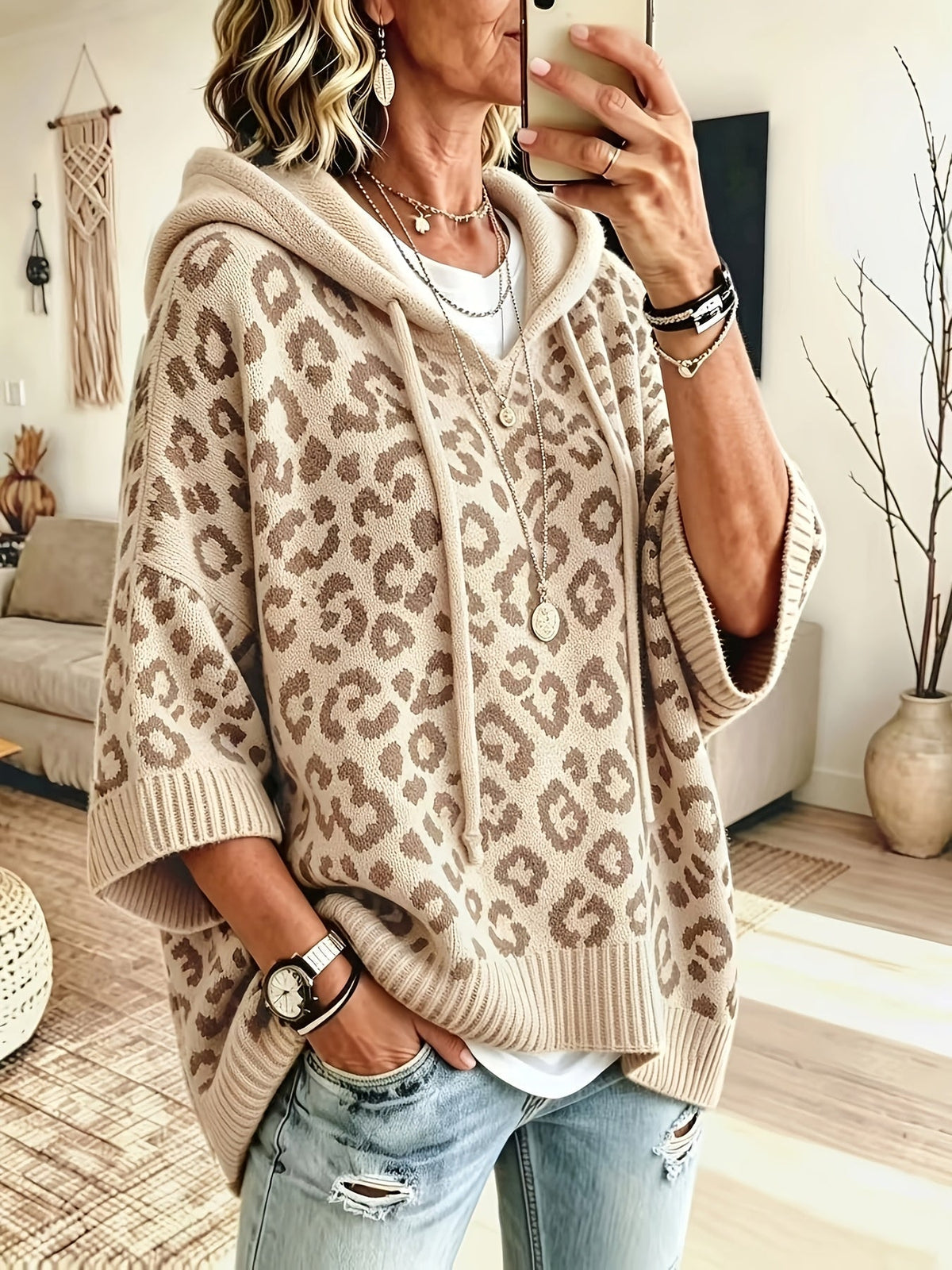 Women’s Oversized Hoodie Animal Print Drawstrings Wide Sleeves Ribbed Trim – Outdoor Art Fairs