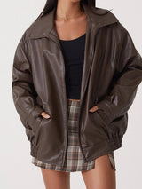 Women's Oversized Leather Look Jacket Zip Front Fold Over Collar Elastic Hem – Bike Ride