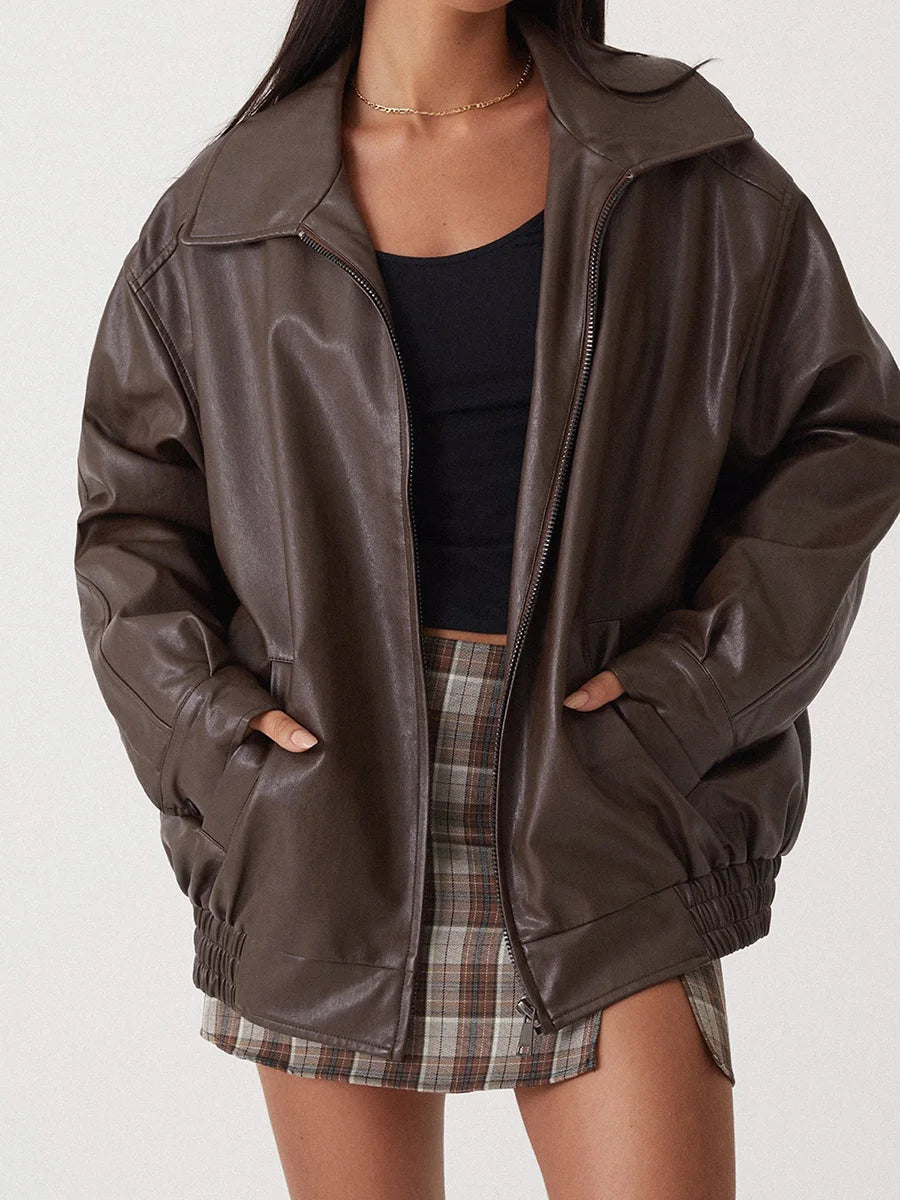 Women's Oversized Leather Look Jacket Zip Front Fold Over Collar Elastic Hem – Bike Ride