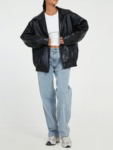 Women's Oversized Leather Look Jacket Zip Front Fold Over Collar Elastic Hem – Bike Ride