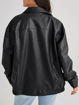 Women's Oversized Leather Look Jacket Zip Front Fold Over Collar Elastic Hem – Bike Ride