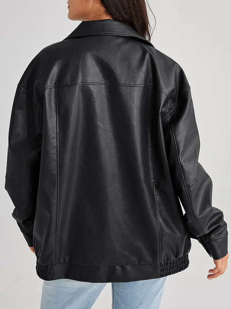 Women's Oversized Leather Look Jacket Zip Front Fold Over Collar Elastic Hem – Bike Ride