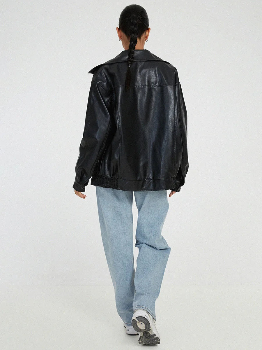 Women's Oversized Leather Look Jacket Zip Front Fold Over Collar Elastic Hem – Bike Ride