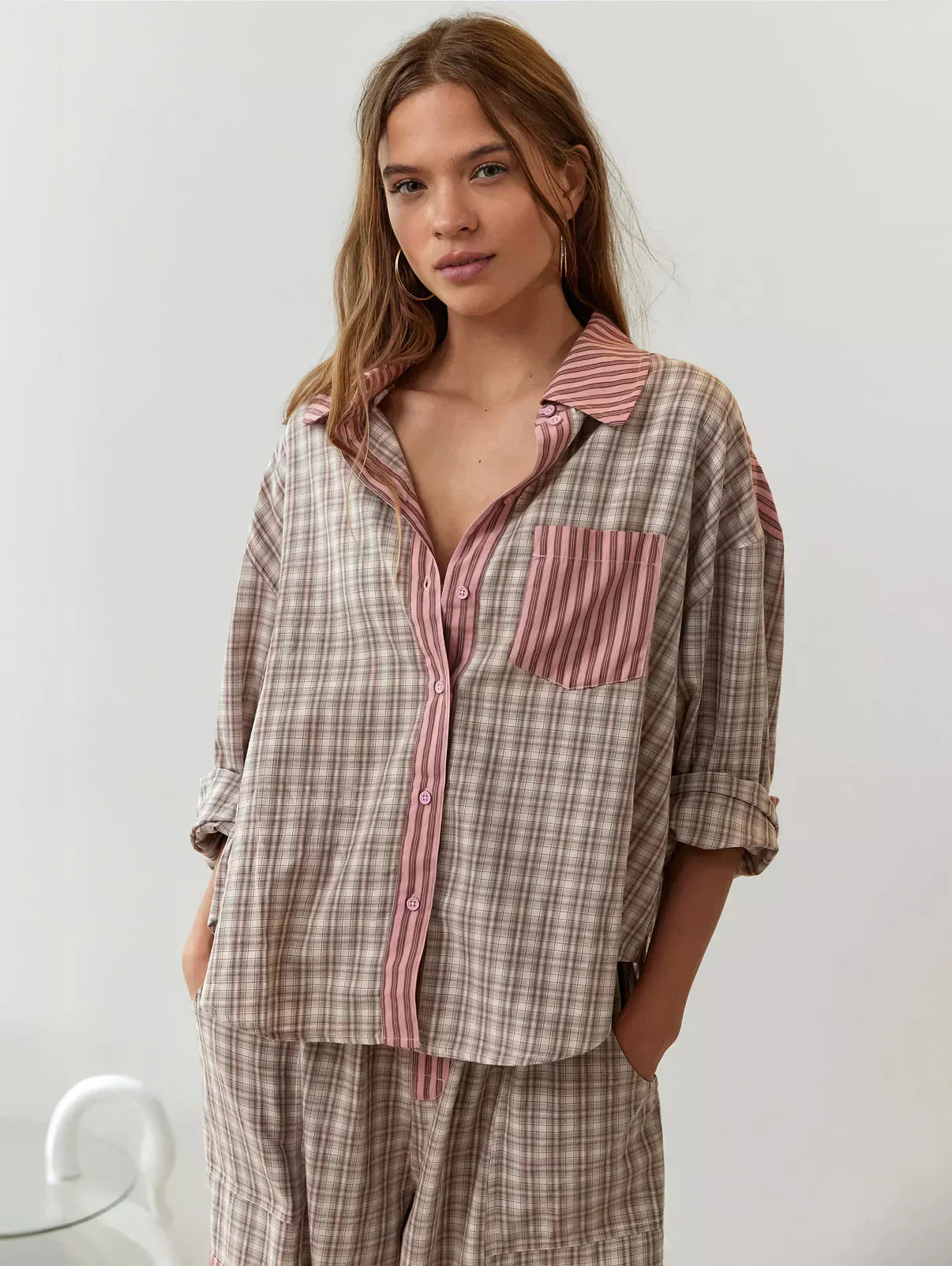 Women's Pajama Set Plaid Stripe Button Front Long Sleeve – Loungewear