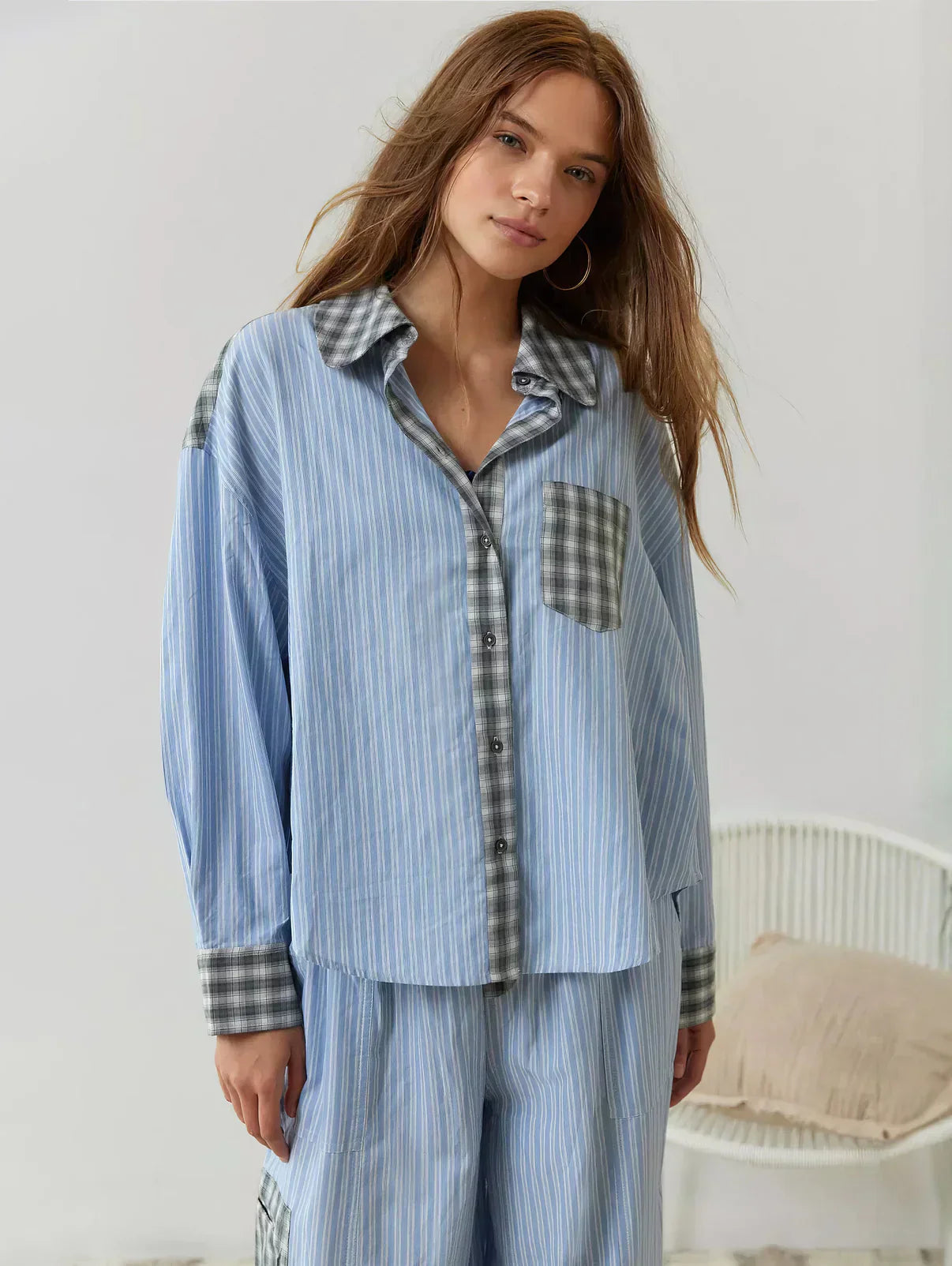 Women's Pajama Set Plaid Stripe Button Front Long Sleeve – Loungewear