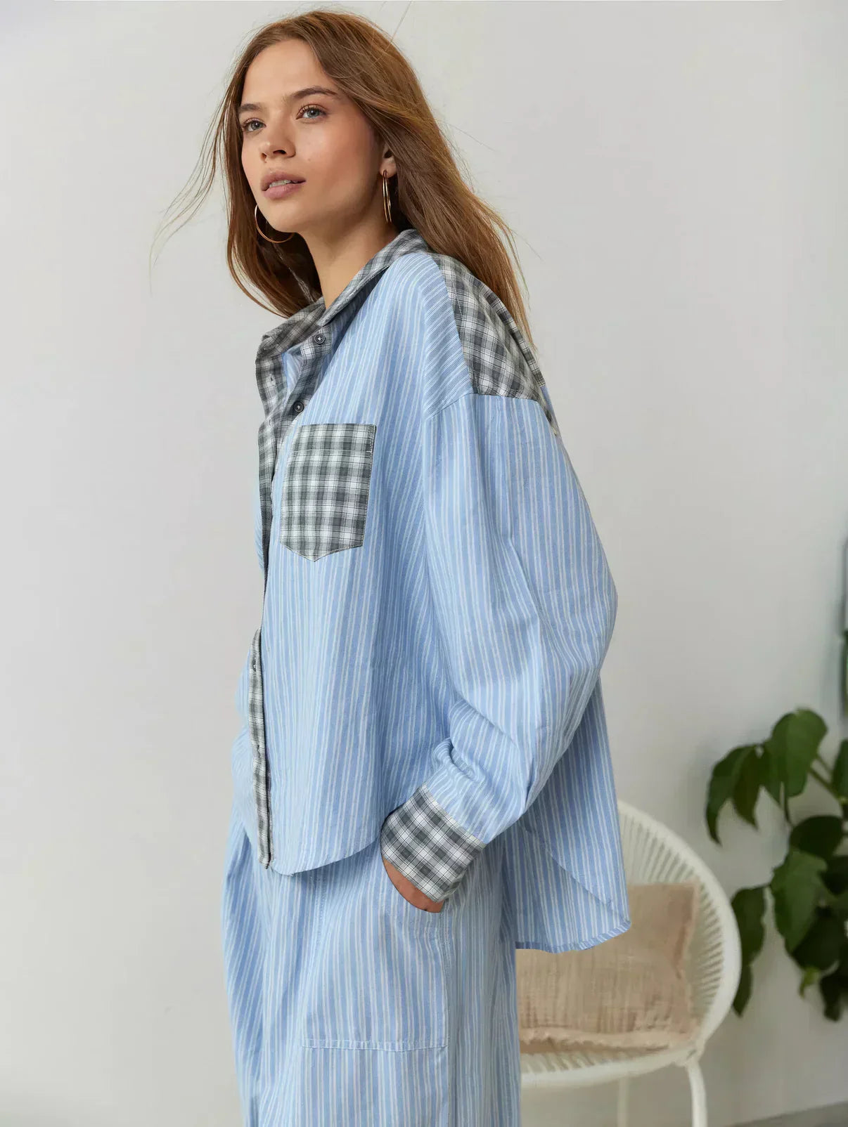 Women's Pajama Set Plaid Stripe Button Front Long Sleeve – Loungewear
