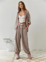Women's Pajama Set Plaid Stripe Button Front Long Sleeve – Loungewear