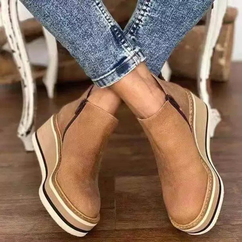Women's Platform Ankle Boots Side Zip Round Toe Wedge Sole – Weekend Outing