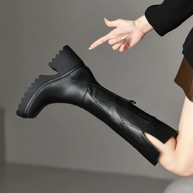 Women's Platform Knee High Boots Round Toe Side Zip Lug Sole – Smart Casual