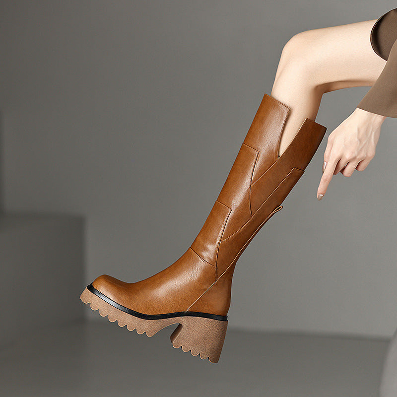 Women's Platform Knee High Boots Round Toe Side Zip Lug Sole – Smart Casual