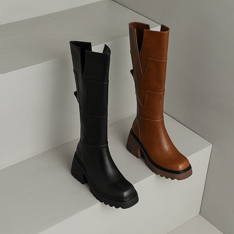 Women's Platform Knee High Boots Round Toe Side Zip Lug Sole – Smart Casual