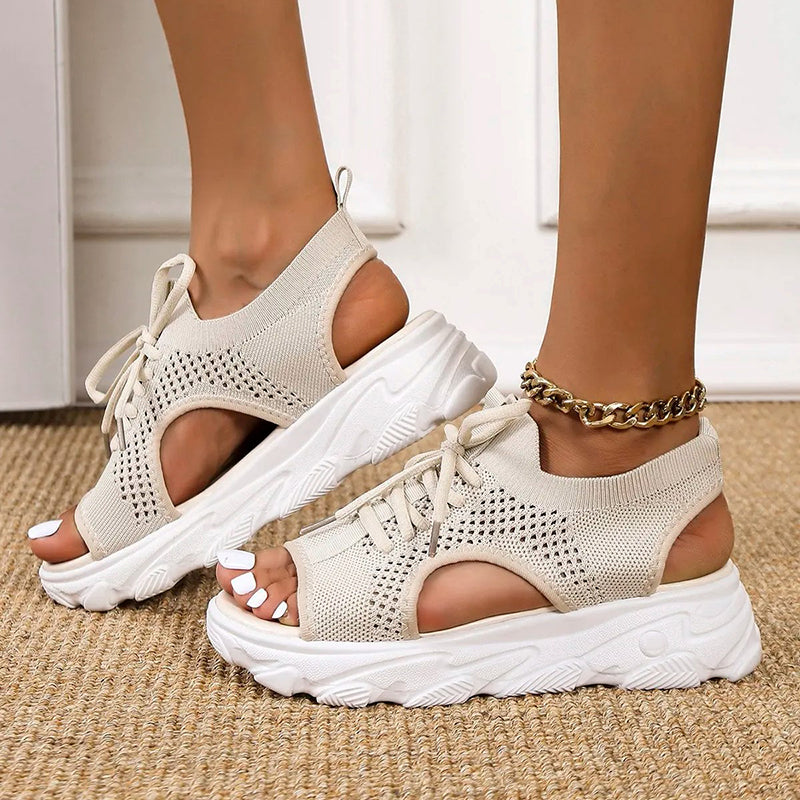 Women's Platform Sandals Open Toe Knit Lace-Up – Relaxed Summer Wear