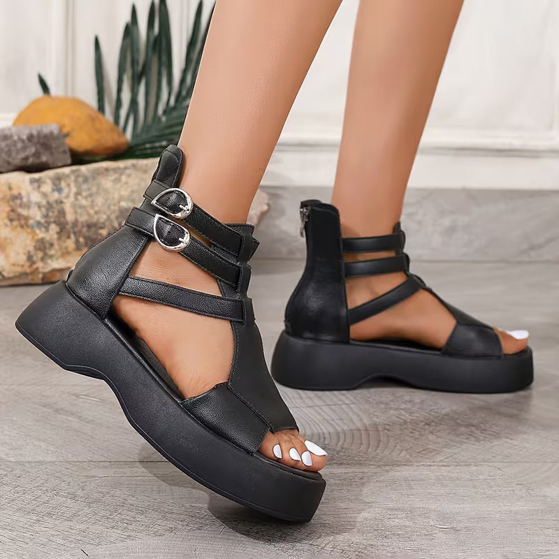 Women's Platform Sandals Open Toe Layered Strap Buckle – Going Out Summer