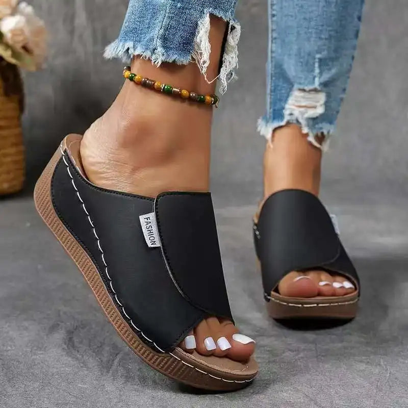 Women's Platform Slide Sandals Black Open Toe Slip On - Casual Summer