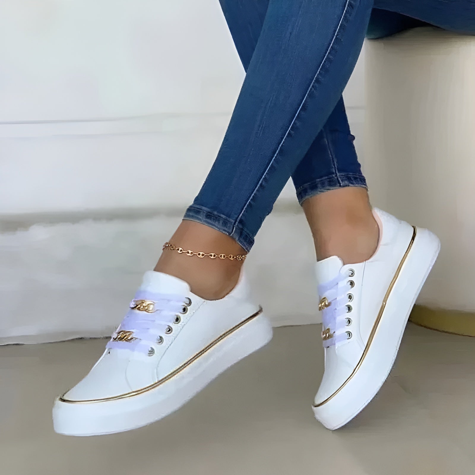 Women's Platform Sneakers Chain Lace-Up Metallic – Going Out