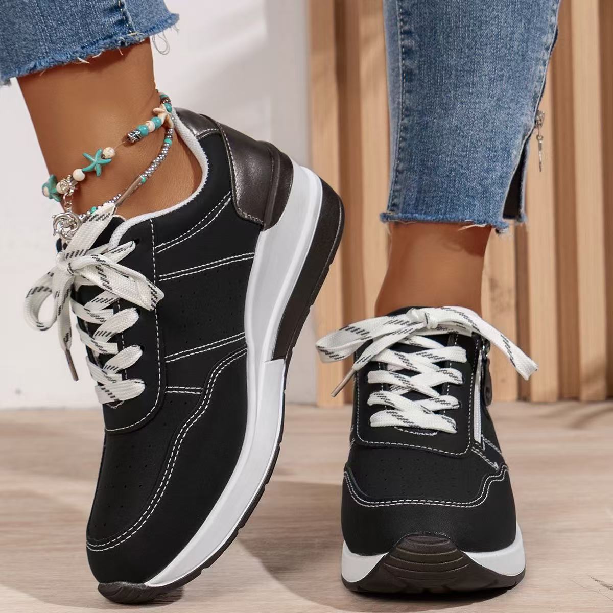 Women's Platform Sneakers Lace Up Side Zip Contrast Heel – Everyday Casual Wear