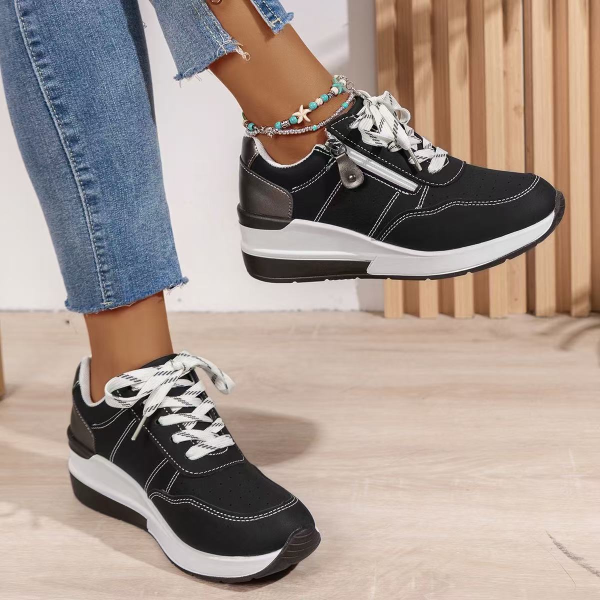 Women's Platform Sneakers Lace Up Side Zip Contrast Heel – Everyday Casual Wear