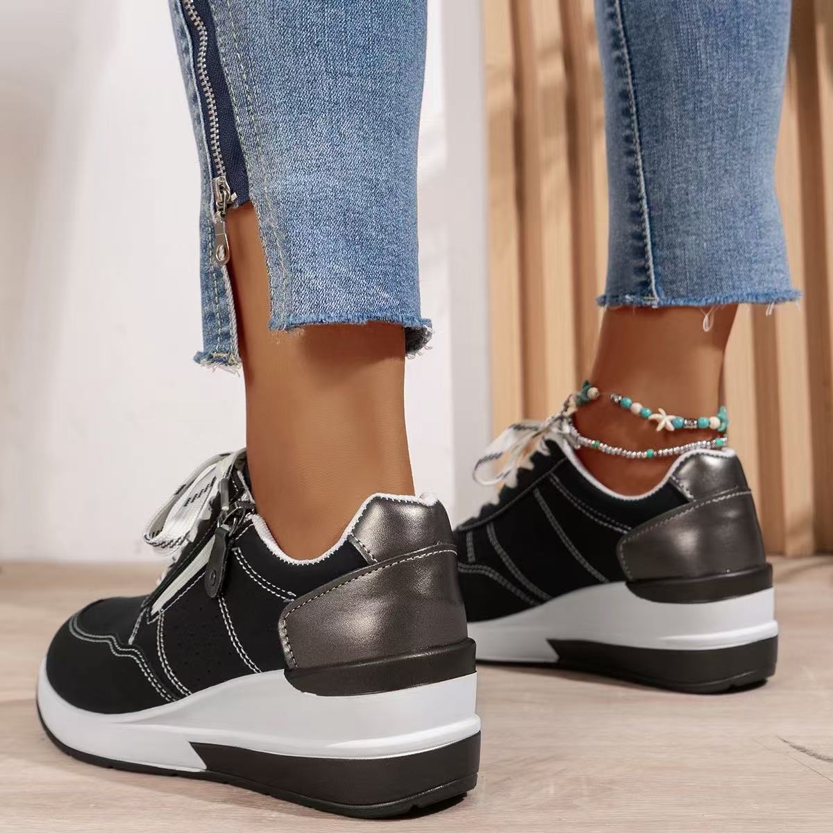 Women's Platform Sneakers Lace Up Side Zip Contrast Heel – Everyday Casual Wear