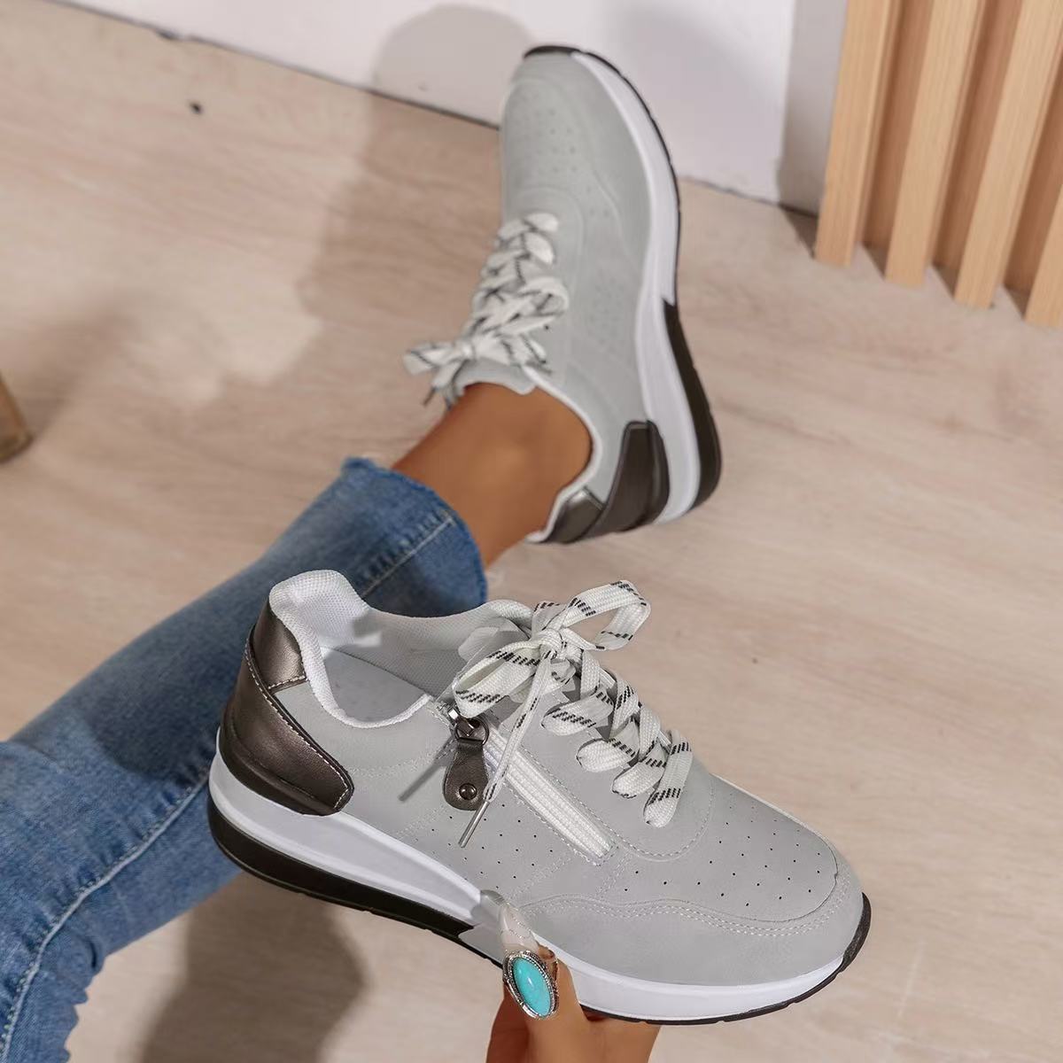 Women's Platform Sneakers Lace Up Side Zip Contrast Heel – Everyday Casual Wear