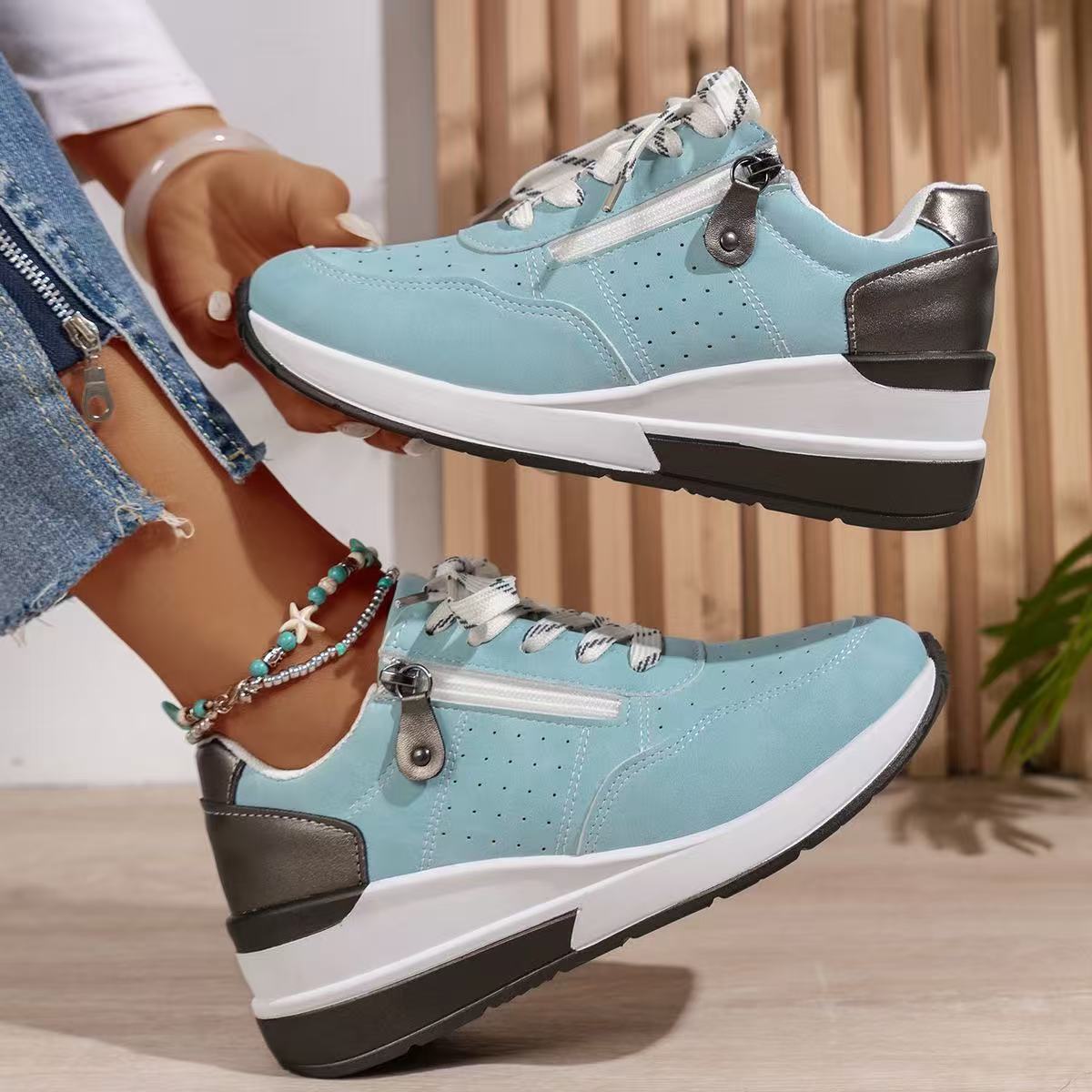 Women's Platform Sneakers Lace Up Side Zip Contrast Heel – Everyday Casual Wear