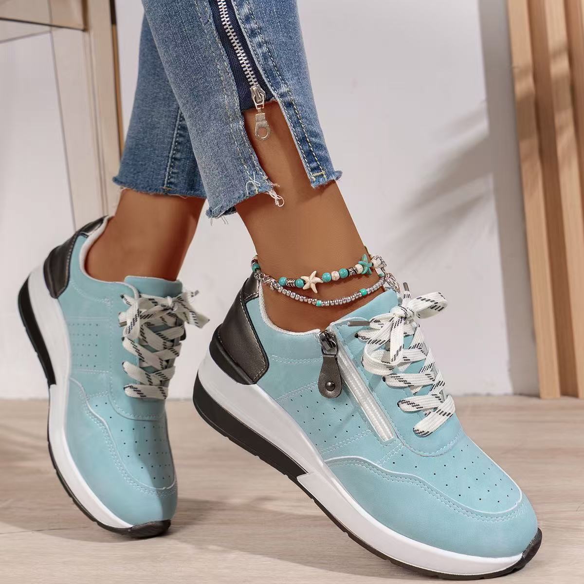 Women's Platform Sneakers Lace Up Side Zip Contrast Heel – Everyday Casual Wear