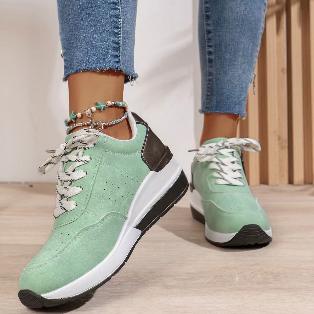 Women's Platform Sneakers Lace Up Side Zip Contrast Heel – Everyday Casual Wear