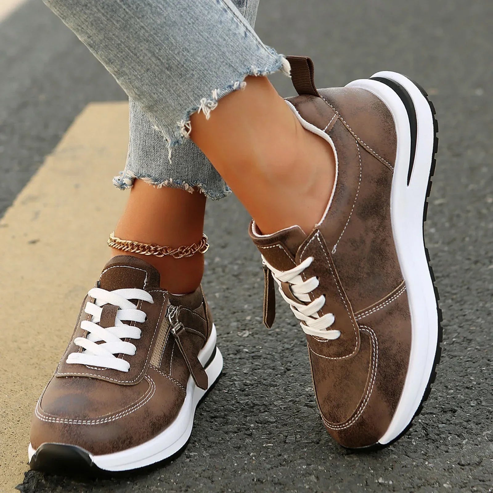 Women's Platform Sneakers Lace Up Side Zipper – Chunky Sole Casual