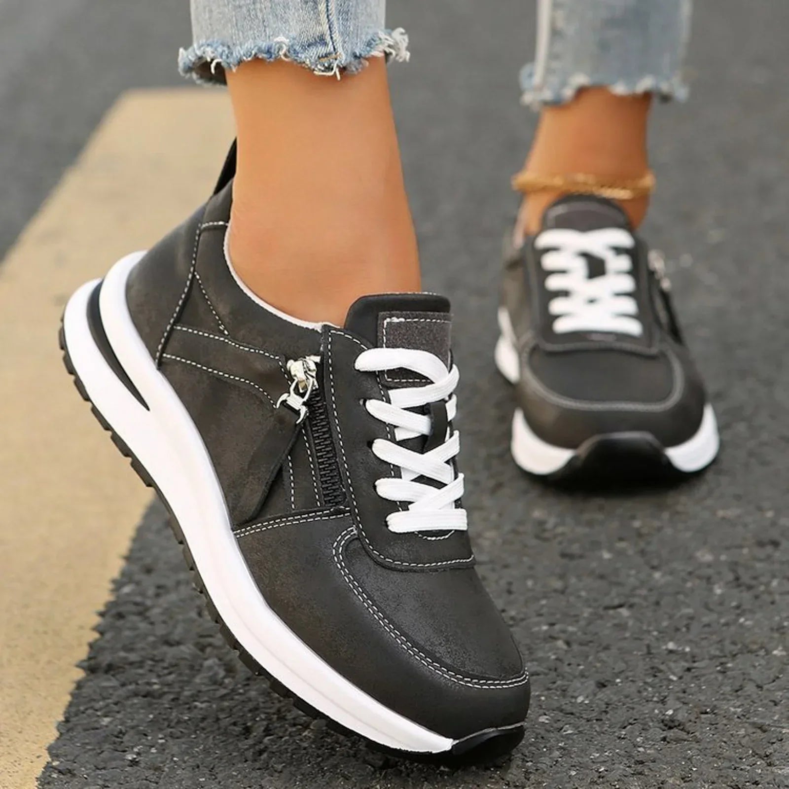 Women's Platform Sneakers Lace Up Side Zipper – Chunky Sole Casual